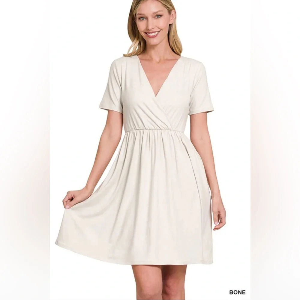 zenana faux wrap dress sand cream fit &‎ flare pockets casual surplice small